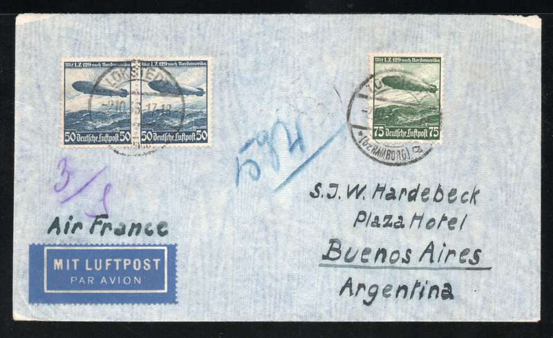 Germany 1936 Air Mail Cover from Lokstedt Hamburg to Buenos Aires. 1936 Air 50pf & 75pf SG 603-4.