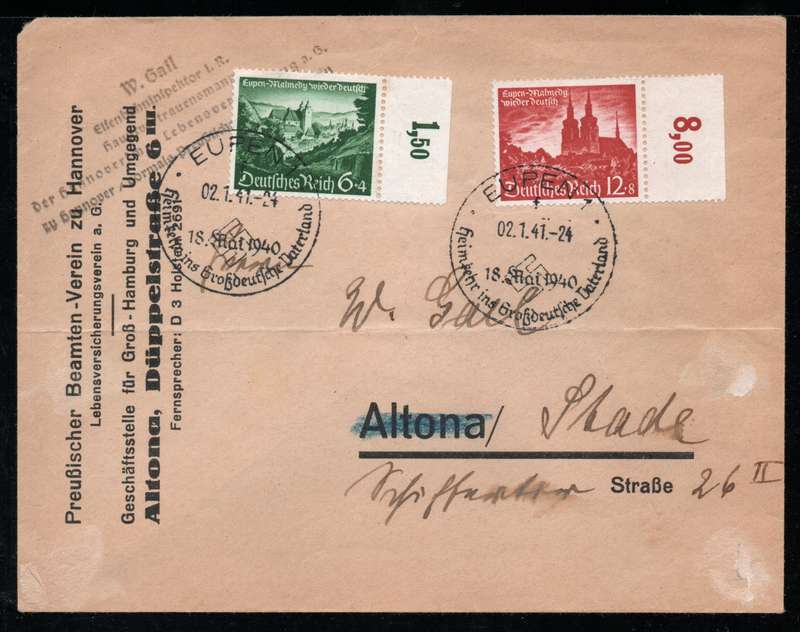 Germany 1941 Air Mail Cover with 1940 Eupen & Malmedy reincorporated in Germany set of 2. SG 536-7.