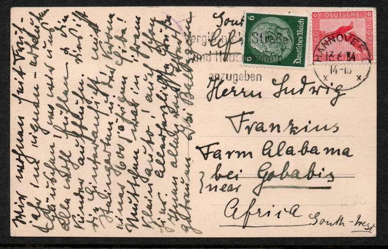 Germany 1934 Picture Post Card from Hannover to Alabama Farm, Gobabis, South West Africa.