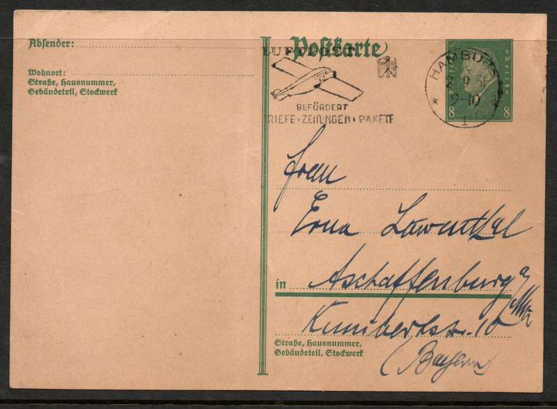 Germany 1931 Pre-Stamped Post Card from Hamburg to Bayern with interesting "LUFTPOST" special cancel