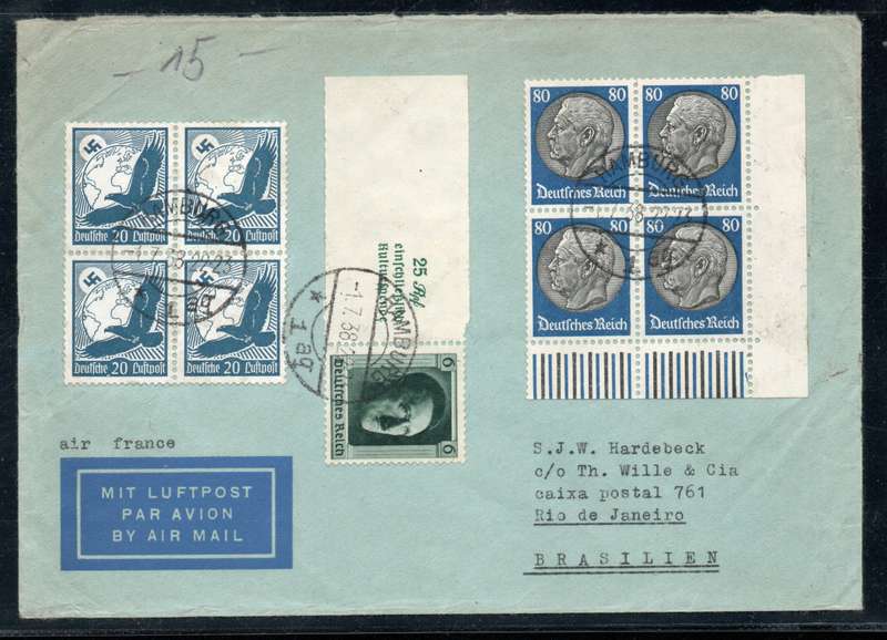 Germany 1938 Air Mail Cover Hamburg to Rio de Janeiro, Brazil. Scarce mixed franking.
