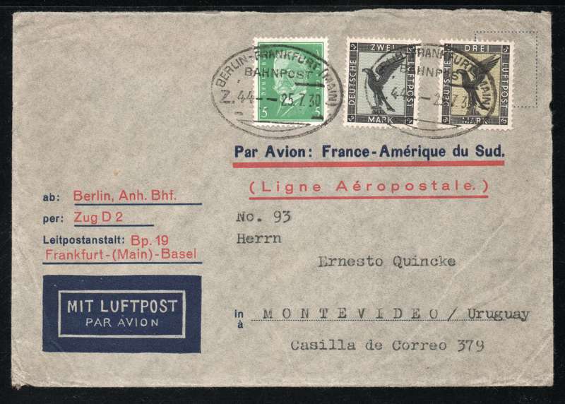 Germany 1930 Air Mail Cover Berlin to Montevideo, Uruguay. Very scarce 1926 2m & 3m Mark Air stamps.