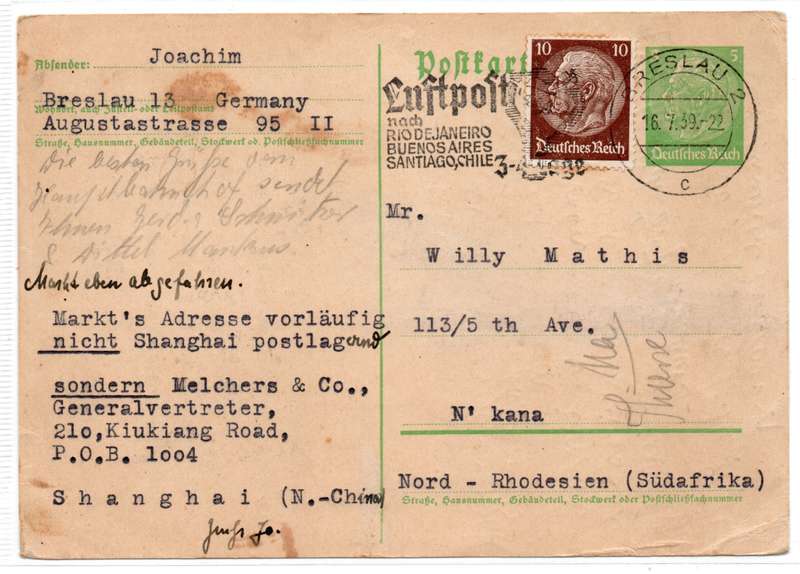 Germany 1939 Pre-Stamped Post Card with additional 10pf from Breslau to Northern Rhodesia.