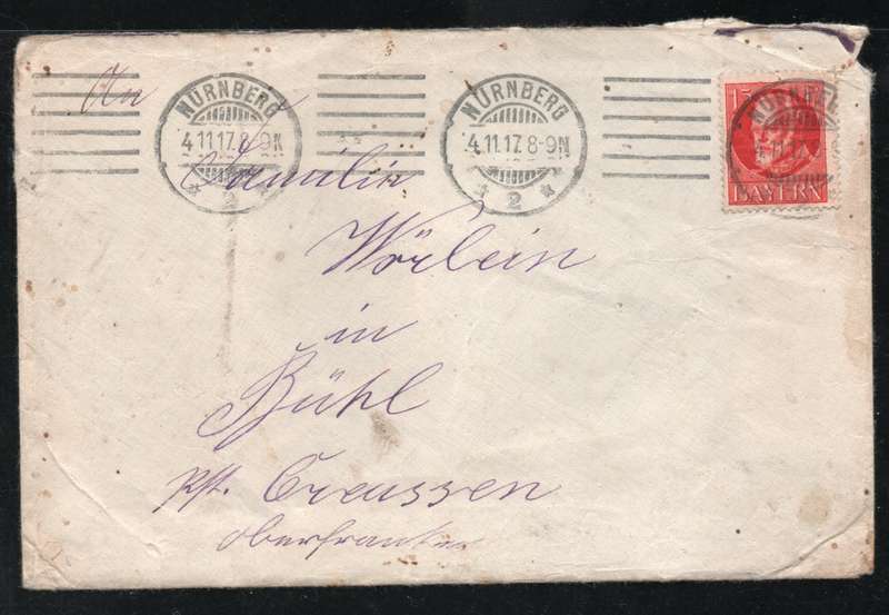 Germany Bavaria 1917 cover from Nurnberg with 1914 King Ludwig III 15pf red stamp. SG 179A.