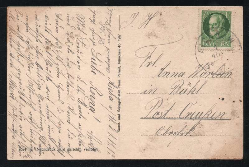 Germany Bavaria Pictorial Post Card with 1914 King Ludwig III 7½pf green stamp attached. SG 176A.