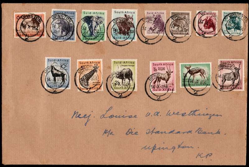 South Africa 1954 Animal Defin set of 14 on plain first day cover with "Upington" cds. SACC 150-63.