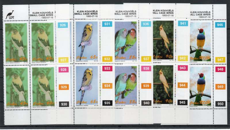 Ciskei 1991 Cage & Aviary Birds set of 5 in control blocks of 4 umm. SACC 233-237. Cat R400 (2025)