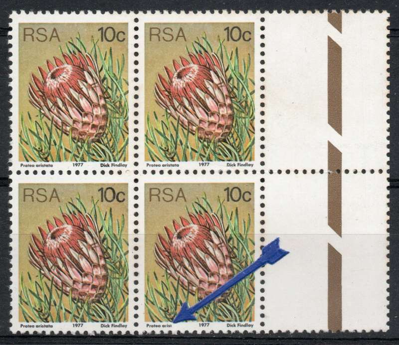 South Africa 1977 Protea Definitive 10c block 4 with variety "ata" in name omitted umm. SACC 427var