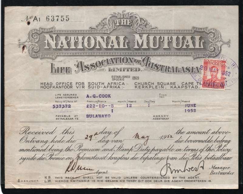 Southern Rhodesia - Receipt from The National Mutual Life Association for premium paid June 1952.