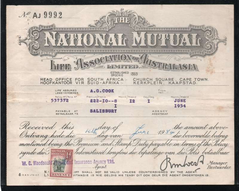 Southern Rhodesia - Receipt from The National Mutual Life Association for premium paid June 1954.