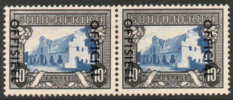 South Africa 1950-54 Official 10/- blue & charcoal pair mounted mint. SACC 49. Cat R1600 (2025)