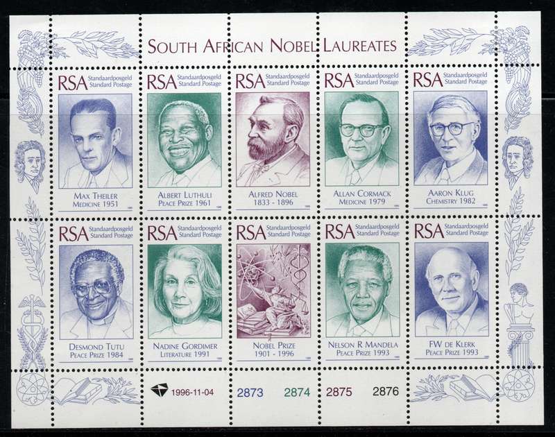 South Africa 1996 South African Nobel Laureates full sheet of 10 mint. SACC 991. Cat R300 (2023-25)