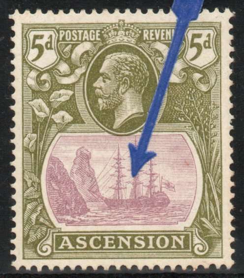 Ascension 1924-33 KGV Definitive 5d with broken ropes of mainmast unlisted variety. SG 15d.