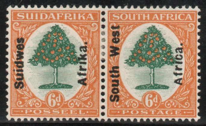 South West Africa 1926 London Pict ovpt 6d pair green and orange mm. SACC 66. Cat R450 (2025)