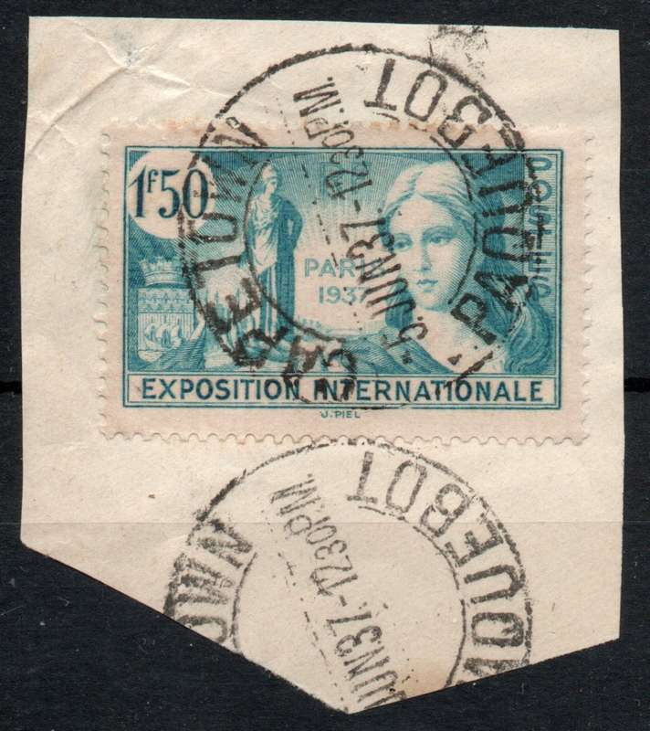 France 1937 Paris International Exhib 1f50 used on piece Paquebot cancel. SG 569. Cat £1,50 (2015)
