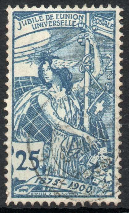 Switzerland 1900 `25th Anniversary of UPU` 25c blue very fine used. SG 190. Cat £44 (2013)