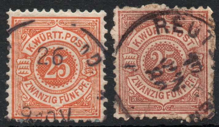 Germany Wurttemberg 1875 25pf brown & 25pf orange used. SG 97 & 130. Cat £14,60 (2012)