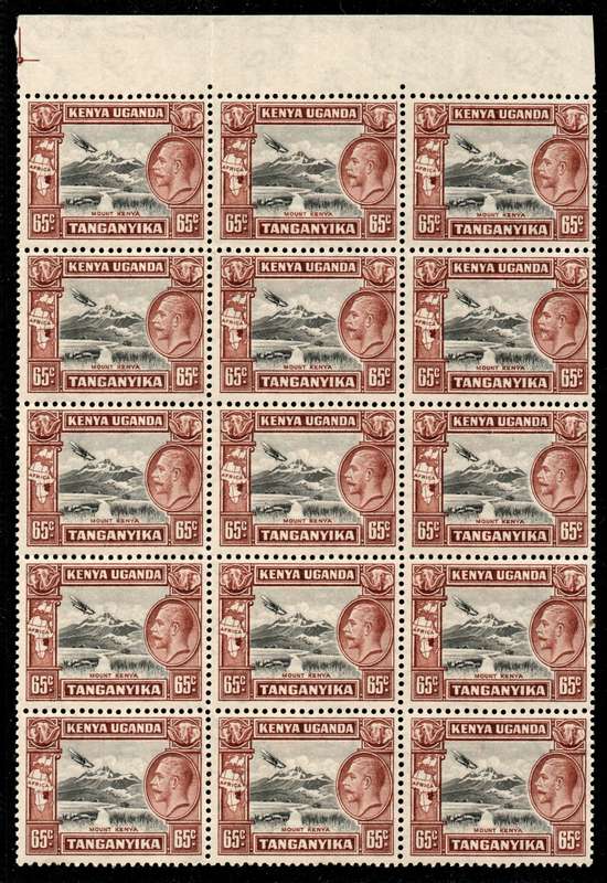 Kenya Uganda Tanganyika 1935-37 KGV Defin 65c block of 15 umm. SG 117. Cat £300 x 2 for umm. (2025)