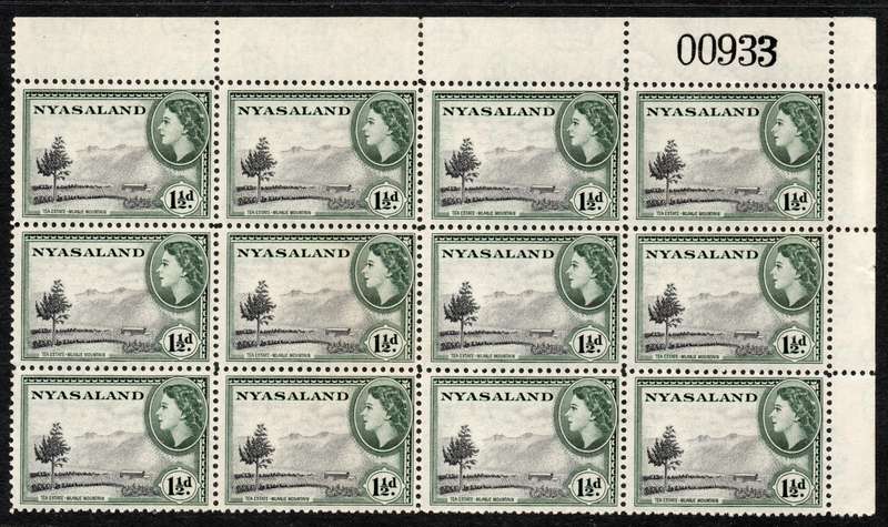 Nyasaland 1953-54 QEII Definitive 1½d extended control block of 12 unmounted mint. SG 175.