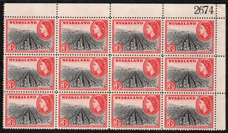 Nyasaland 1953-54 QEII Definitive 3d extended control block of 12 unmounted mint. SG 178.