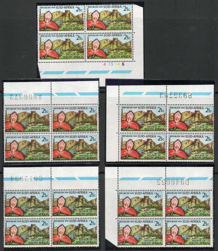 South Africa 1963 50th Anniv of Kirstenbosch control panes A, B & D in blocks of 4 and control block