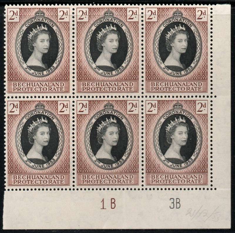 Bechuanaland 1953 QEII Coronation 2d extended control block of 6 unmounted mint. SG 142.