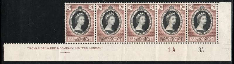Bechuanaland 1953 QEII Coronation 2d extended control strip of 5 unmounted mint. SG 142. Cat £8,75