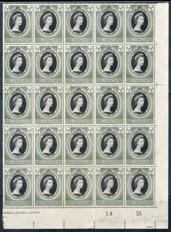 Gibraltar 1953 QEII Coronation ½d extended control block of 25 unmounted mint. SG 144. Cat £18,75