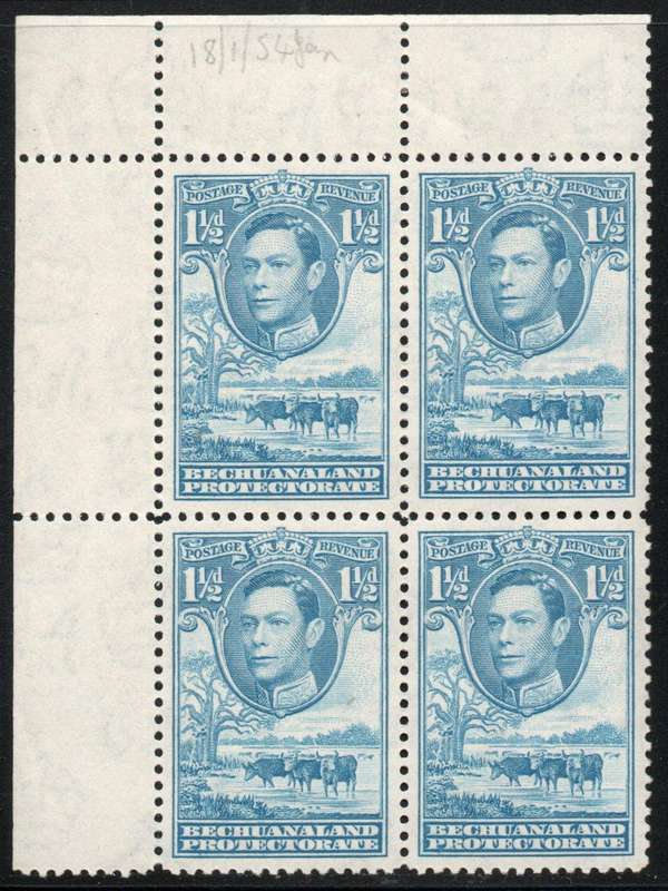 Bechuanaland 1938 KGVI Definitive 1½d light blue block of 4 umm. SACC 115a. Cat R100 (2025)