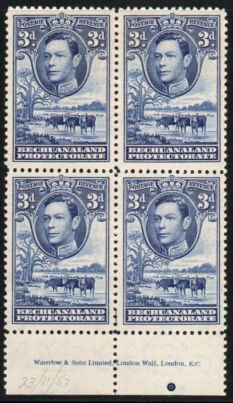 Bechuanaland 1938 KGVI Definitive 3d ultramarine imprint block of 4 umm. SACC 117. Cat R200+ (2025)