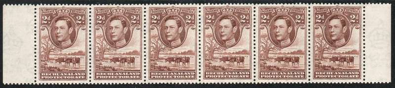 Bechuanaland 1938 KGVI Definitive 2d chocolate-brown strip of 6 umm & lmm. SACC 116. Cat R120 (2025)