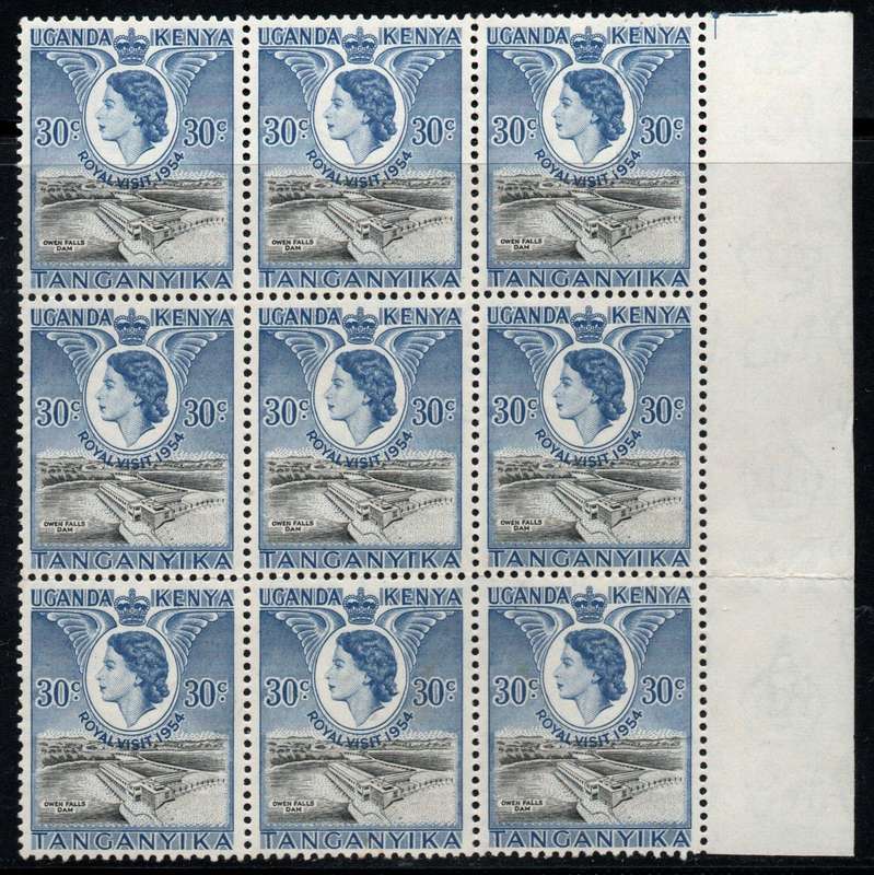 Kenya Uganda Tanganyika 1954 Royal Visit 30c block of 9 unmounted mint. SG 166. Cat £5,40 (2022)
