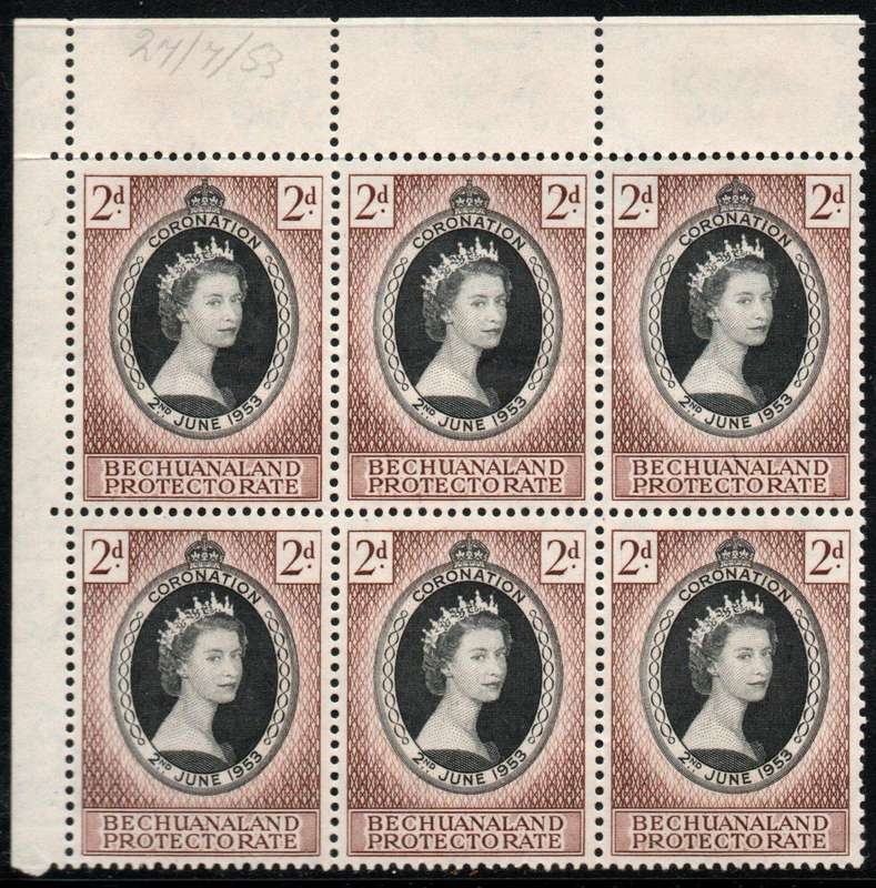 Bechuanaland 1953 QEII Coronation 2d block of 6 unmounted mint. SG 142. Cat £10,50 (2022)
