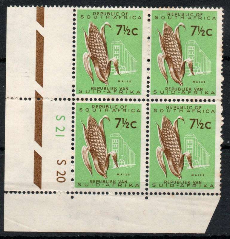 South Africa 1961 Defin 7½c control block of 4 umm but some split perfs SACC 204. Cat R45. (2023-25)