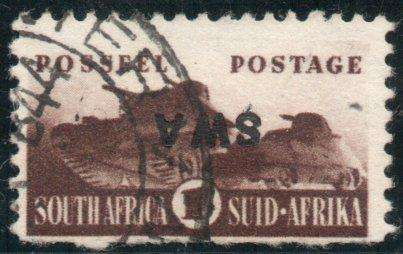 South West Africa 1943-44 small war 1/- (small ovpt) used single with inverted ovpt var. SACC 156a.