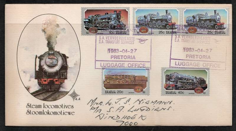 South Africa 1983 Steam Locomotives FDC 4.4 with Luggage Office cancels and Rail Letter Post label.