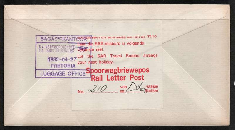 South Africa 1983 Steam Locomotives FDC 4.4 with Luggage Office cancels and Rail Letter Post label.