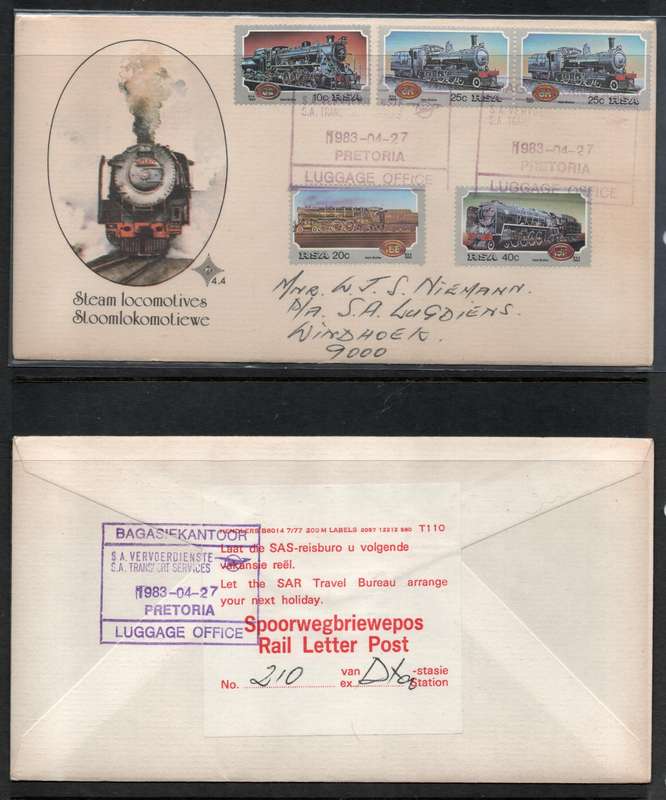 South Africa 1983 Steam Locomotives FDC 4.4 with Luggage Office cancels and Rail Letter Post label.