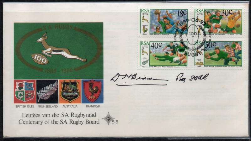 South Africa 1989 Centenary of SA Rugby Board FDC 5.5. signed by Dr Danie Craven.