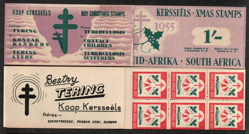 South Africa 1955 Christmas Booklet 1/- contains 2 panes of 6 stamps with Bells & Holly.