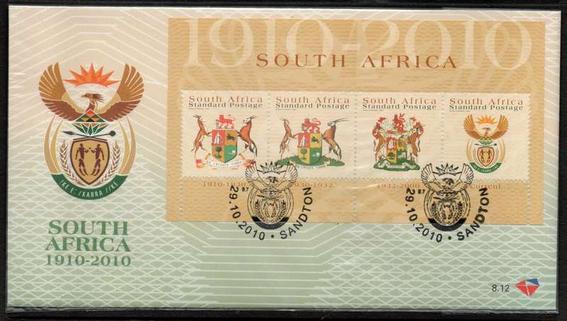South Africa 2010 Coat of Arms sheetlet of 4 on FDC 8.12. SACC 2149. Cat R45 (2023-25)