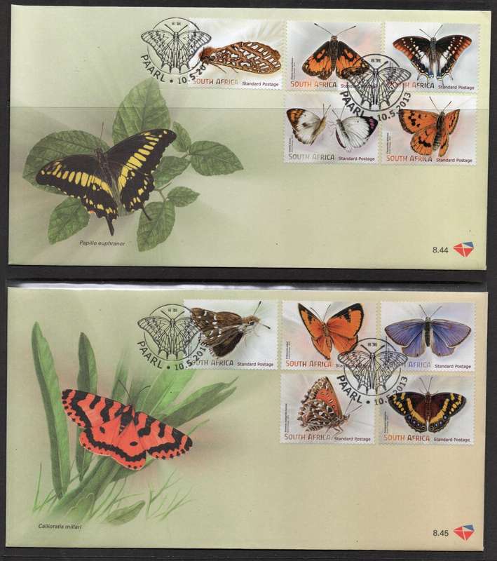 South Africa 2013 Butterflies & Moths set of 10 on 2 FDC's 8.44 & 8.45. SACC 2236. Cat R150 (2025)