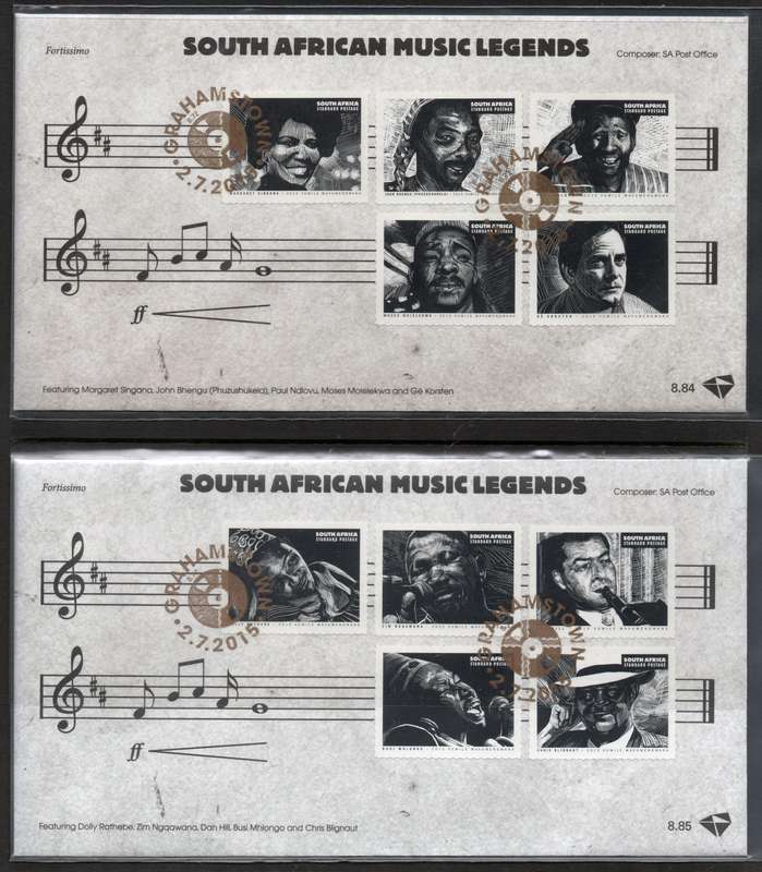 South Africa 2015 Musical legends set of 10 on 2 FDC's 8.84 & 8.85. SACC 2281. Cat R300 (2025)