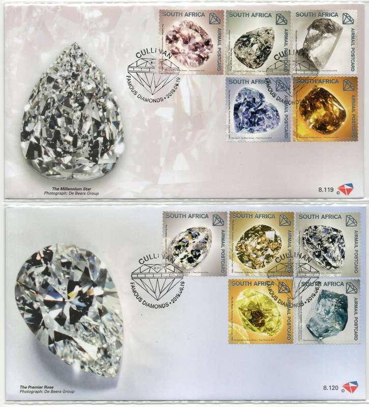 South Africa 2019 Famous SA Diamonds set of 10 on 2 FDC's 8.119 & 8.120. Cat R650 (2025)