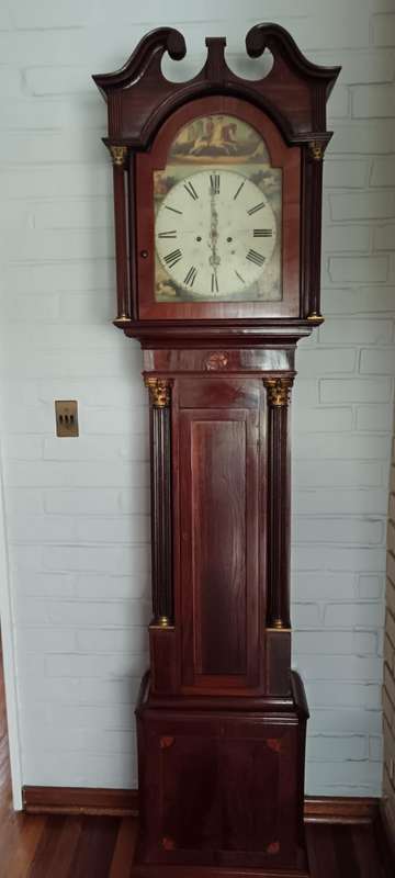 Antique mahogany longcase clock made by George Stromier, Glasgow, Scotland.
