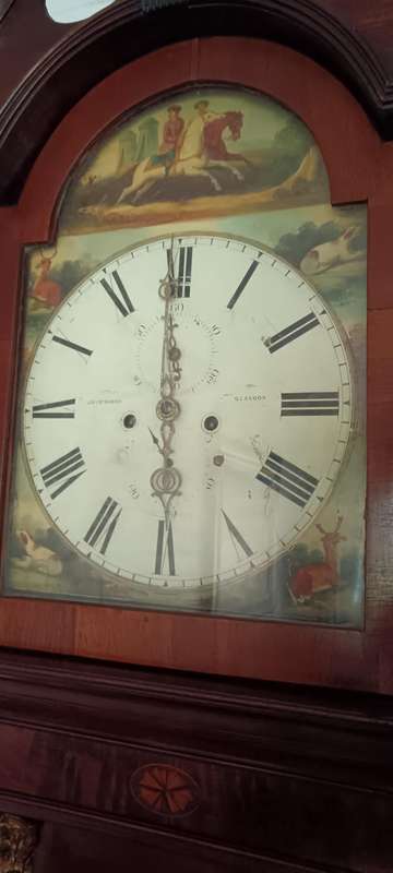 Antique mahogany longcase clock made by George Stromier, Glasgow, Scotland.