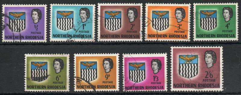 Northern Rhodesia 1963 QEII Definitive 9 used stamps between SACC 75-85. Cat R109 (2025)