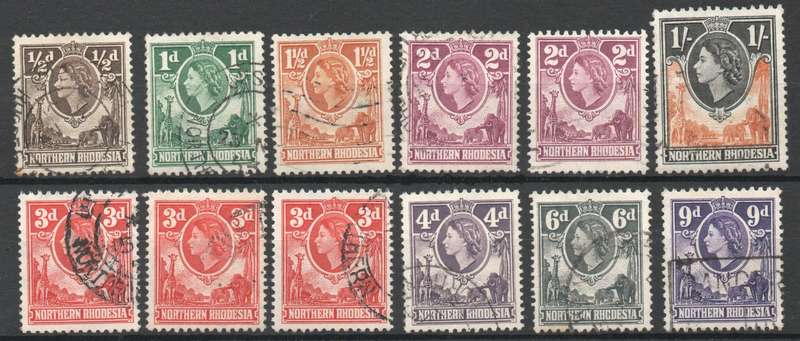 Northern Rhodesia 1953 QEII Defin duplicated lot of 12 vfu lower values. Cat R122 (2025)