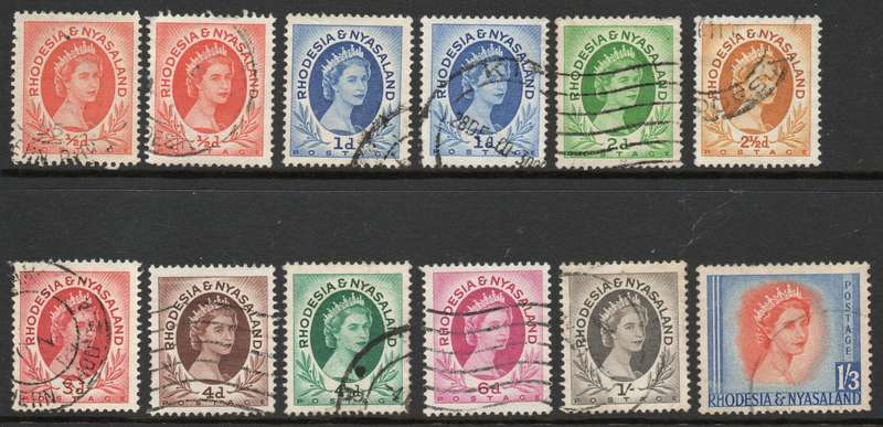 Rhodesia & Nyasaland 1954-56 QEII Definitive duplicated lot of 12 vfu lower values. Cat R42 (2025)