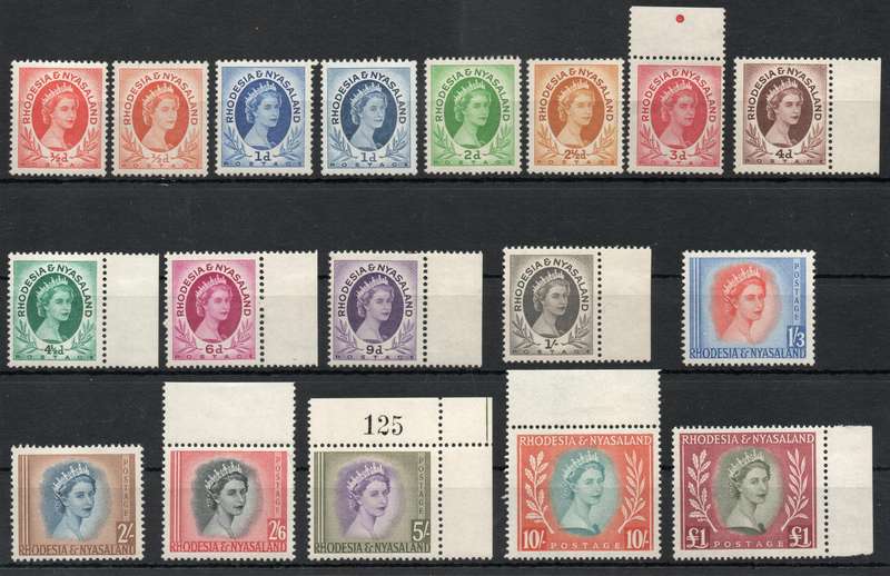 Rhodesia & Nyasaland 1954-56 QEII Definitive set of 16 + 2 coils mint. SACC 1-15. Cat R2808 (2025)